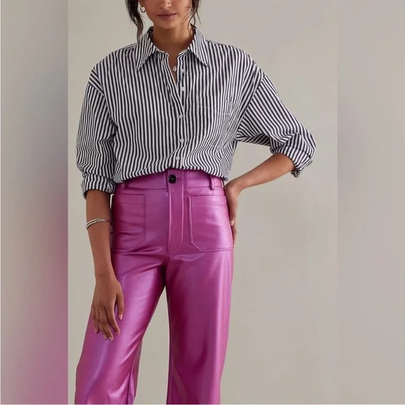 Anthropologie Maeve The Colette Faux Leather Magenta Cropped Wide Leg Pants - Picture 8 of 9